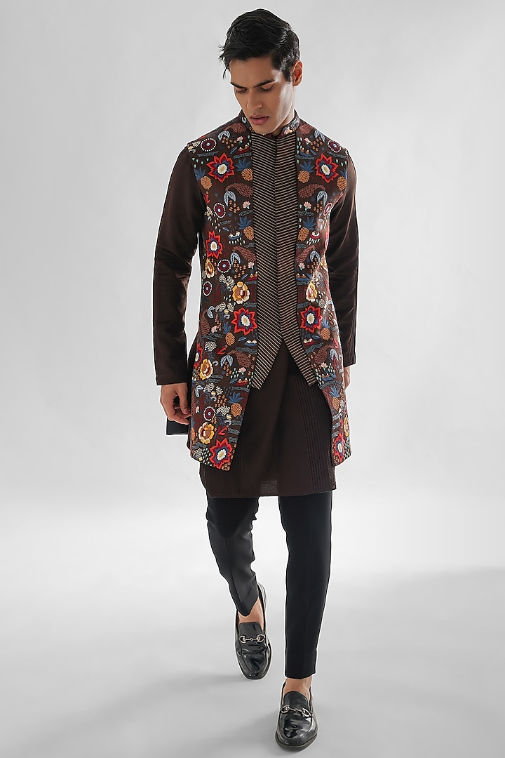 Chocolate Brown Modal Satin Embroidered Nehru Jacket Set by PAARSH