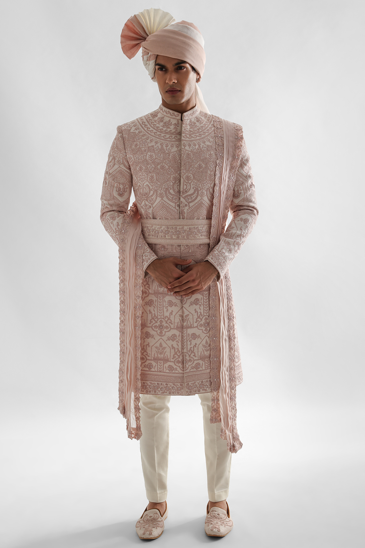 Powder Pink Raw Silk Embroidered Sherwani Set by PAARSH