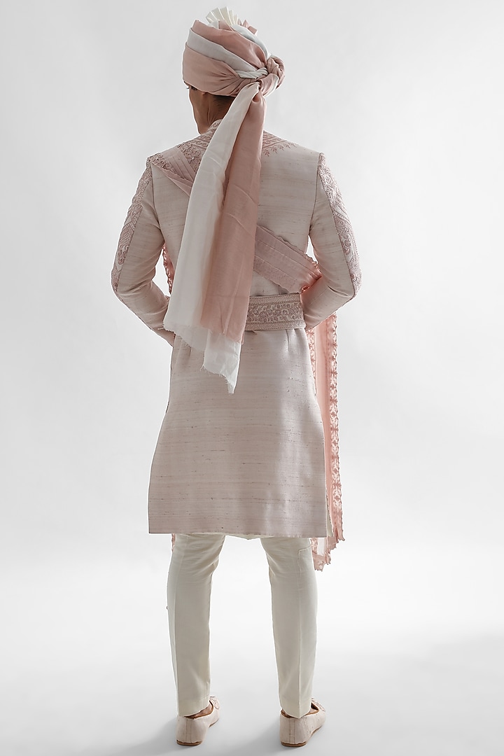 Powder Pink Raw Silk Embroidered Groom Sherwani Set by PAARSH at Pernia's Pop Up Shop