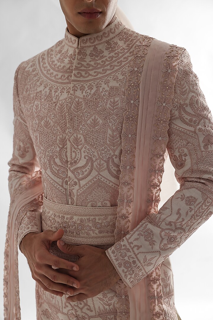 Powder Pink Raw Silk Embroidered Groom Sherwani Set by PAARSH at Pernia's Pop Up Shop