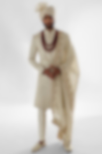 Ivory Linen Satin Embroidered Sherwani Set by PAARSH