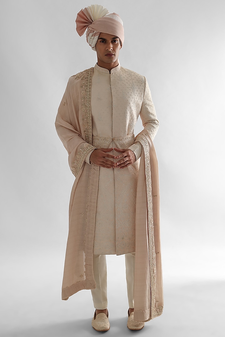 Peach Linen Satin Embroidered Sherwani Set by PAARSH