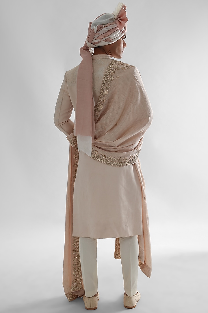Peach Linen Satin Embroidered Groom Sherwani Set by PAARSH at Pernia's Pop Up Shop