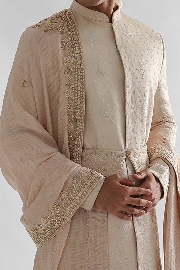 Peach Linen Satin Embroidered Groom Sherwani Set by PAARSH at Pernia's Pop Up Shop