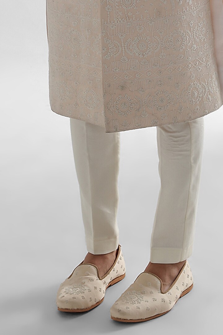 Peach Linen Satin Embroidered Groom Sherwani Set by PAARSH at Pernia's Pop Up Shop