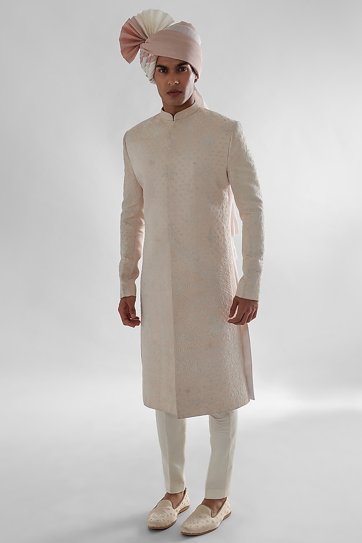 Peach Linen Satin Embroidered Groom Sherwani Set by PAARSH at Pernia's Pop Up Shop