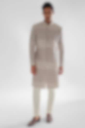 Champagne Pink Linen Satin Embroidered Sherwani Set by PAARSH