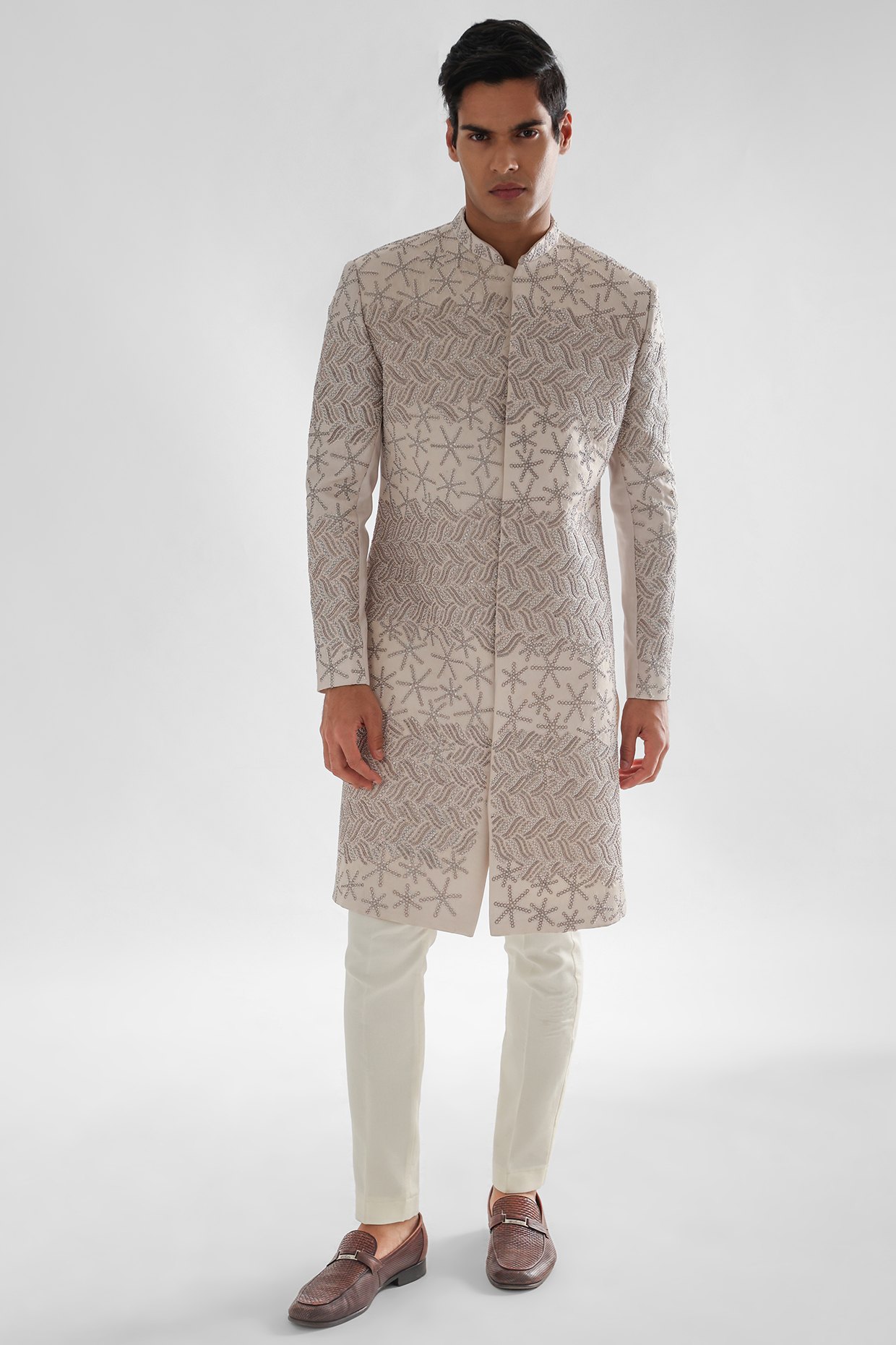 Champagne Pink Linen Satin Embroidered Sherwani Set by PAARSH