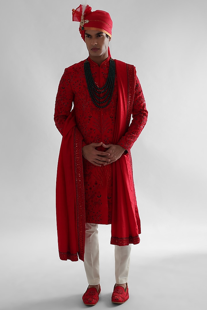 Red Raw Silk Embroidered Sherwani Set by PAARSH