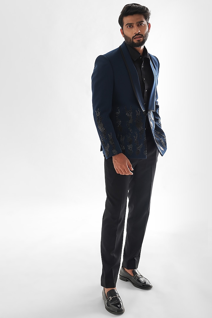 Teal Blue Terrycot Suiting Fabric Embroidered Tuxedo Set by PAARSH
