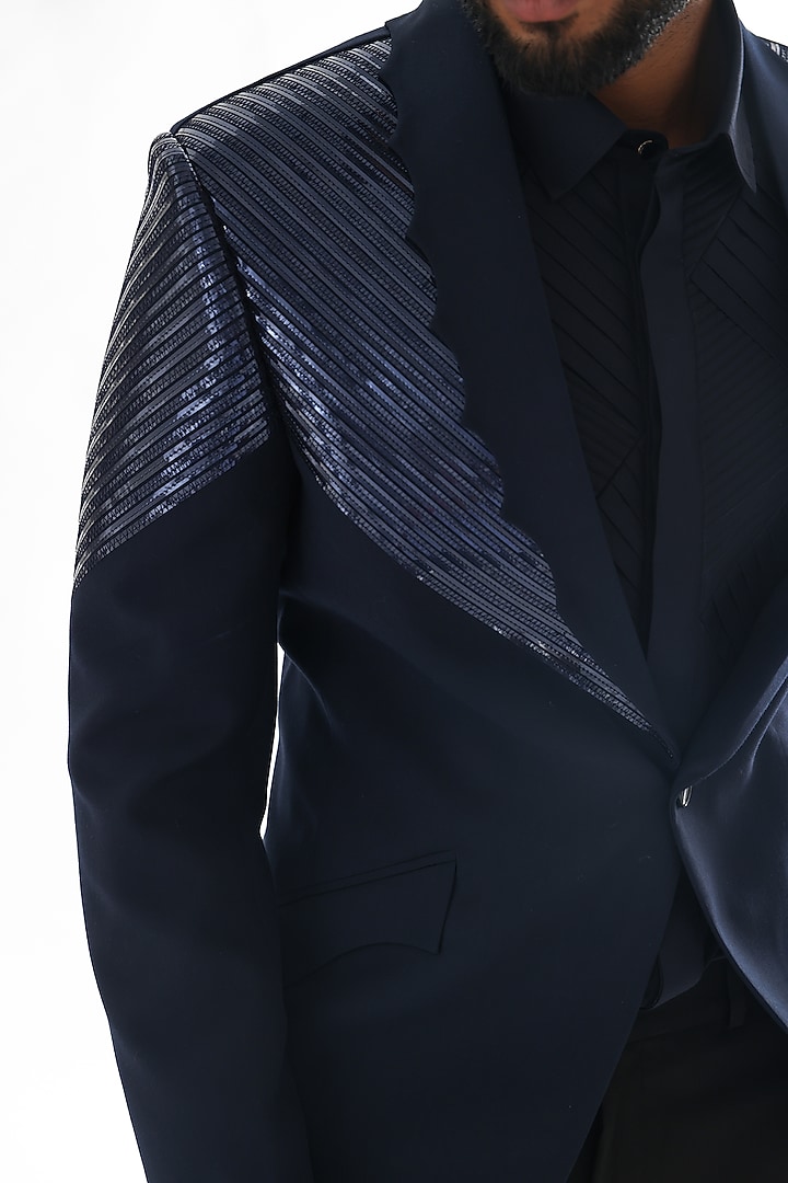 Navy Blue Terrycot Suiting Fabric Tuxedo Set by PAARSH at Pernia's Pop Up Shop