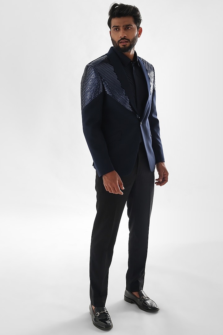 Navy Blue Terrycot Suiting Fabric Tuxedo Set by PAARSH at Pernia's Pop Up Shop