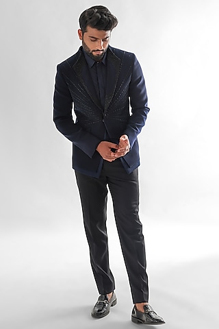 Navy Blue Terrycot Suiting Fabric Embroidered Tuxedo Set by PAARSH