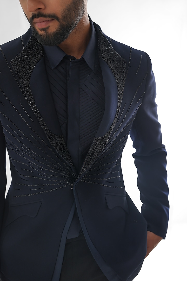 Navy Blue Terrycot Suiting Fabric Embroidered Tuxedo Set by PAARSH at Pernia's Pop Up Shop