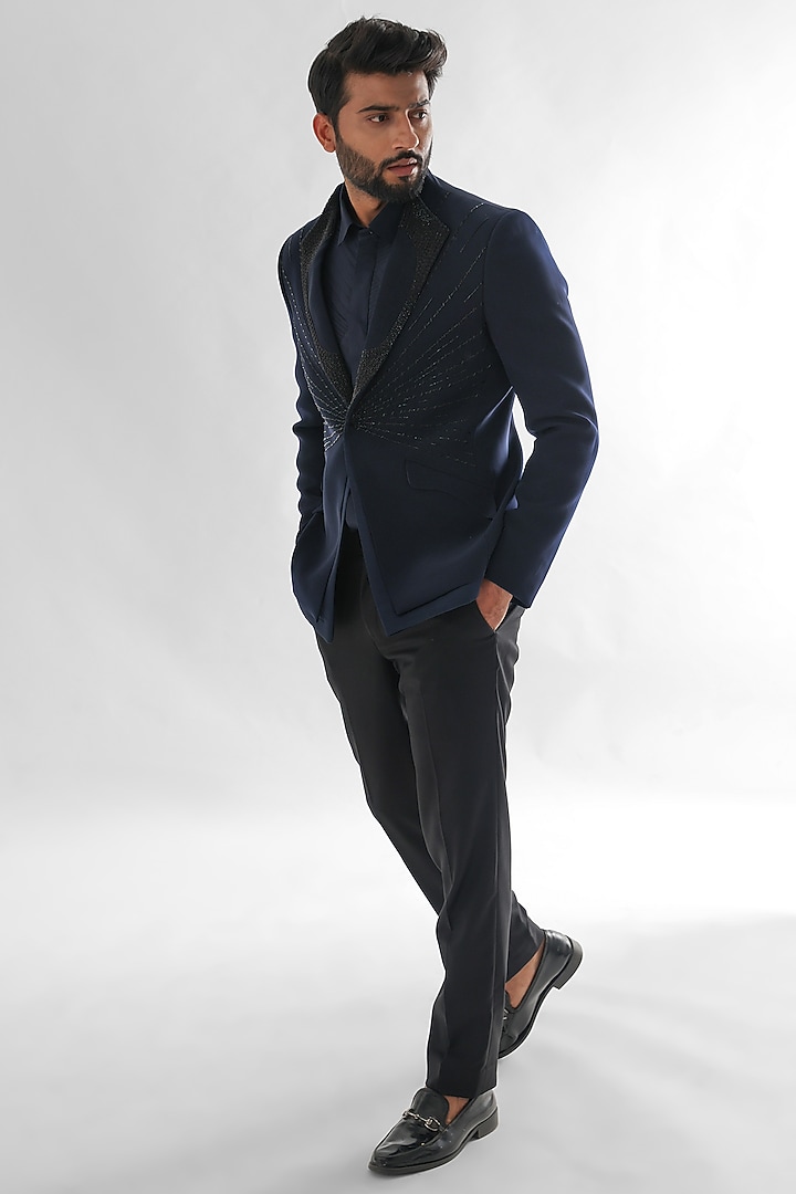 Navy Blue Terrycot Suiting Fabric Embroidered Tuxedo Set by PAARSH at Pernia's Pop Up Shop