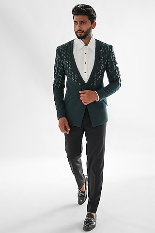 Forest Green Terrycot Suiting Fabric Embroidered Tuxedo Set by PAARSH