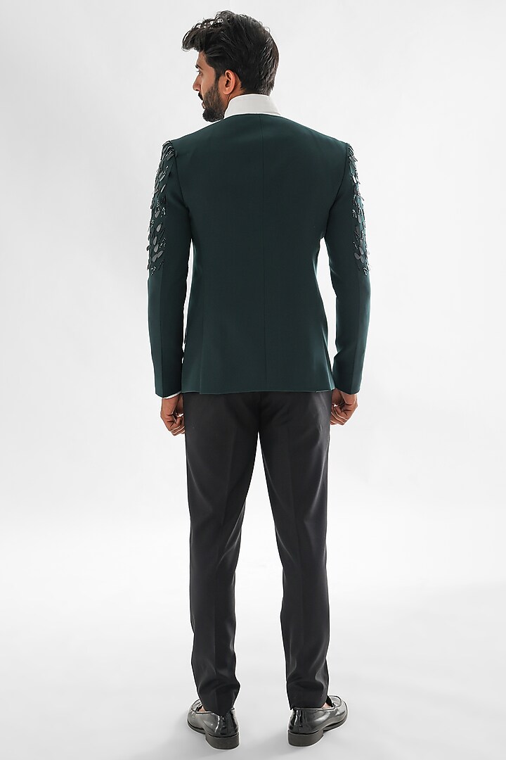 Forest Green Terrycot Suiting Fabric Embroidered Tuxedo Set by PAARSH at Pernia's Pop Up Shop