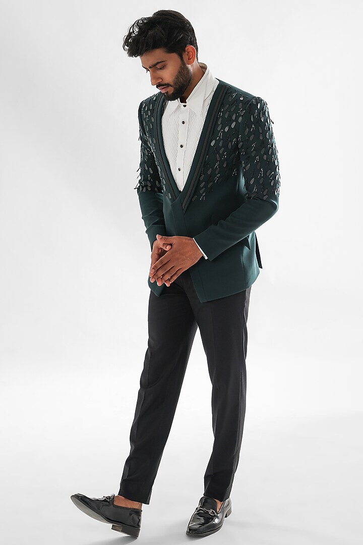 Forest Green Terrycot Suiting Fabric Embroidered Tuxedo Set by PAARSH at Pernia's Pop Up Shop