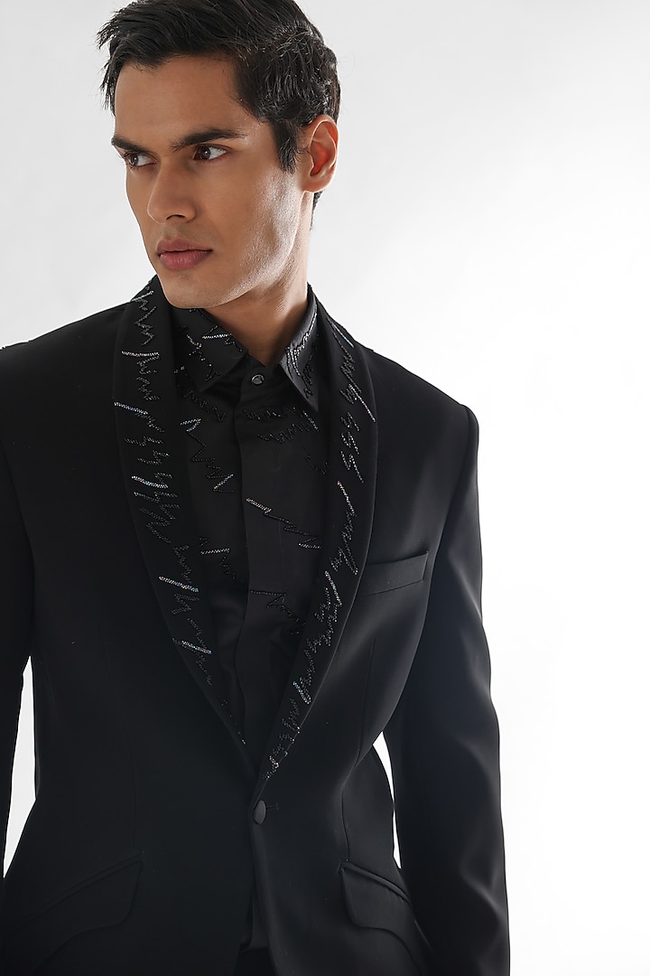 Jet Black Terrycot Suiting Fabric Embroidered Tuxedo Set by PAARSH at Pernia's Pop Up Shop