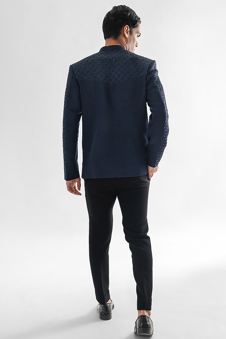 Navy Blue Terrycot Suiting Fabric Embroidered Wedding Bandhgala Set by PAARSH at Pernia's Pop Up Shop