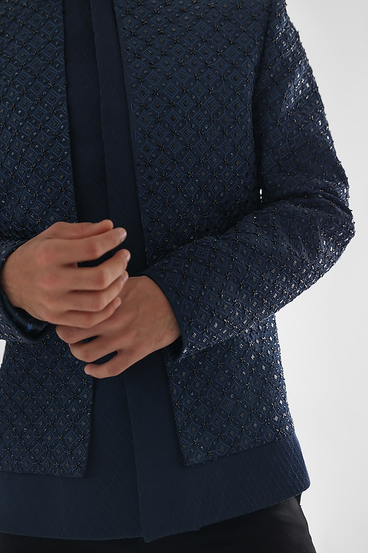 Navy Blue Terrycot Suiting Fabric Embroidered Wedding Bandhgala Set by PAARSH at Pernia's Pop Up Shop