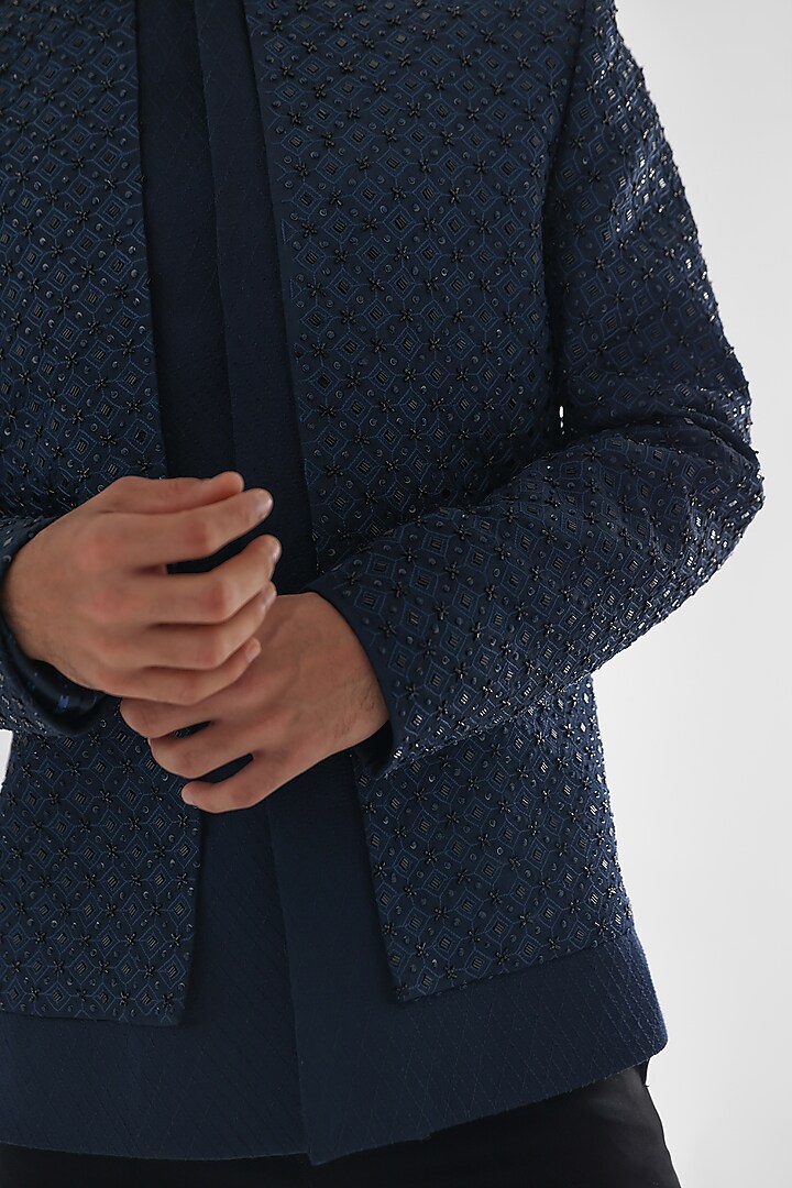 Navy Blue Terrycot Suiting Fabric Embroidered Wedding Bandhgala Set by PAARSH at Pernia's Pop Up Shop