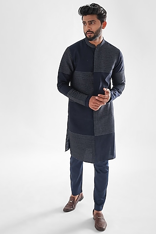 Navy Blue Silk Kurta Set by PAARSH