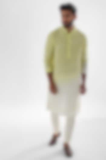Lemon Yellow & Ivory Linen Satin Embroidered Kurta Set by PAARSH at Pernia's Pop Up Shop