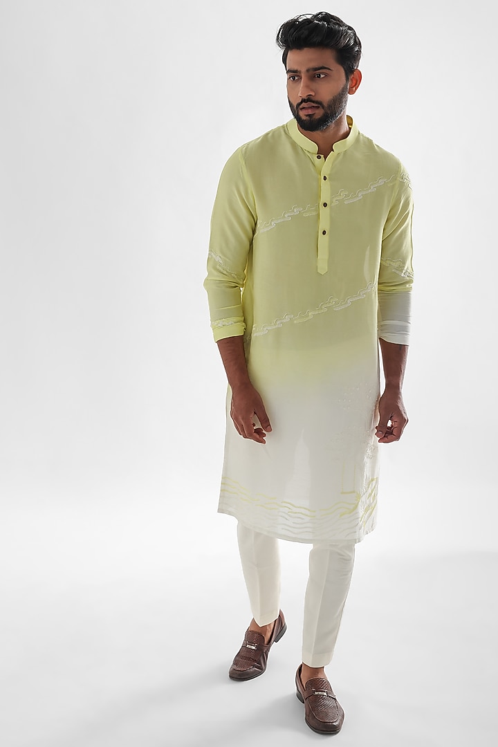 Lemon Yellow & Ivory Linen Satin Embroidered Kurta Set by PAARSH at Pernia's Pop Up Shop