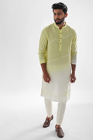 Lemon Yellow & Ivory Linen Satin Embroidered Kurta Set by PAARSH