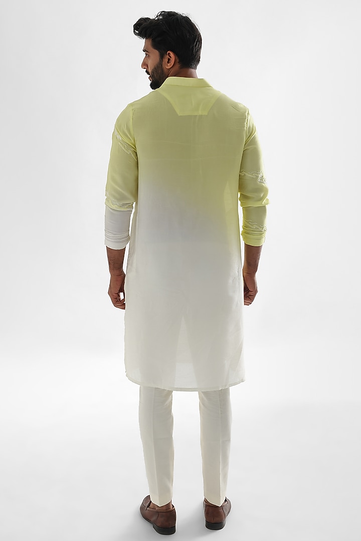 Lemon Yellow & Ivory Linen Satin Embroidered Kurta Set by PAARSH at Pernia's Pop Up Shop