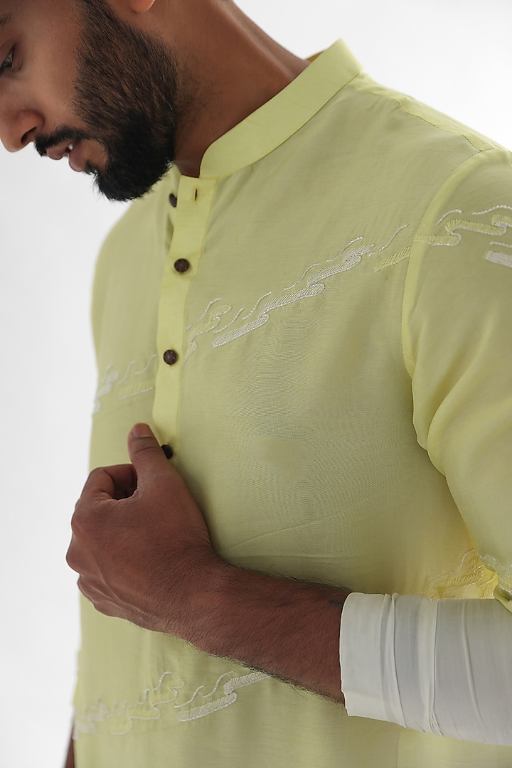 Lemon Yellow & Ivory Linen Satin Embroidered Kurta Set by PAARSH at Pernia's Pop Up Shop