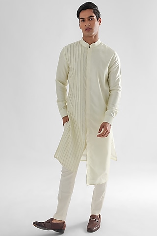 Light Yellow Silk Kurta Set by PAARSH