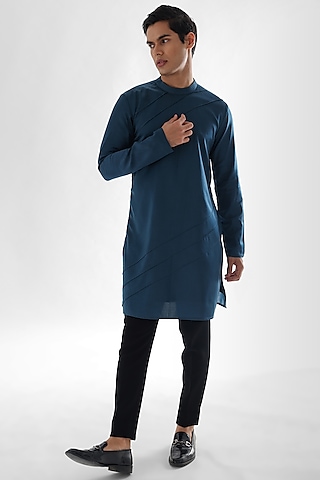 Teal Blue Modal Satin Kurta Set by PAARSH