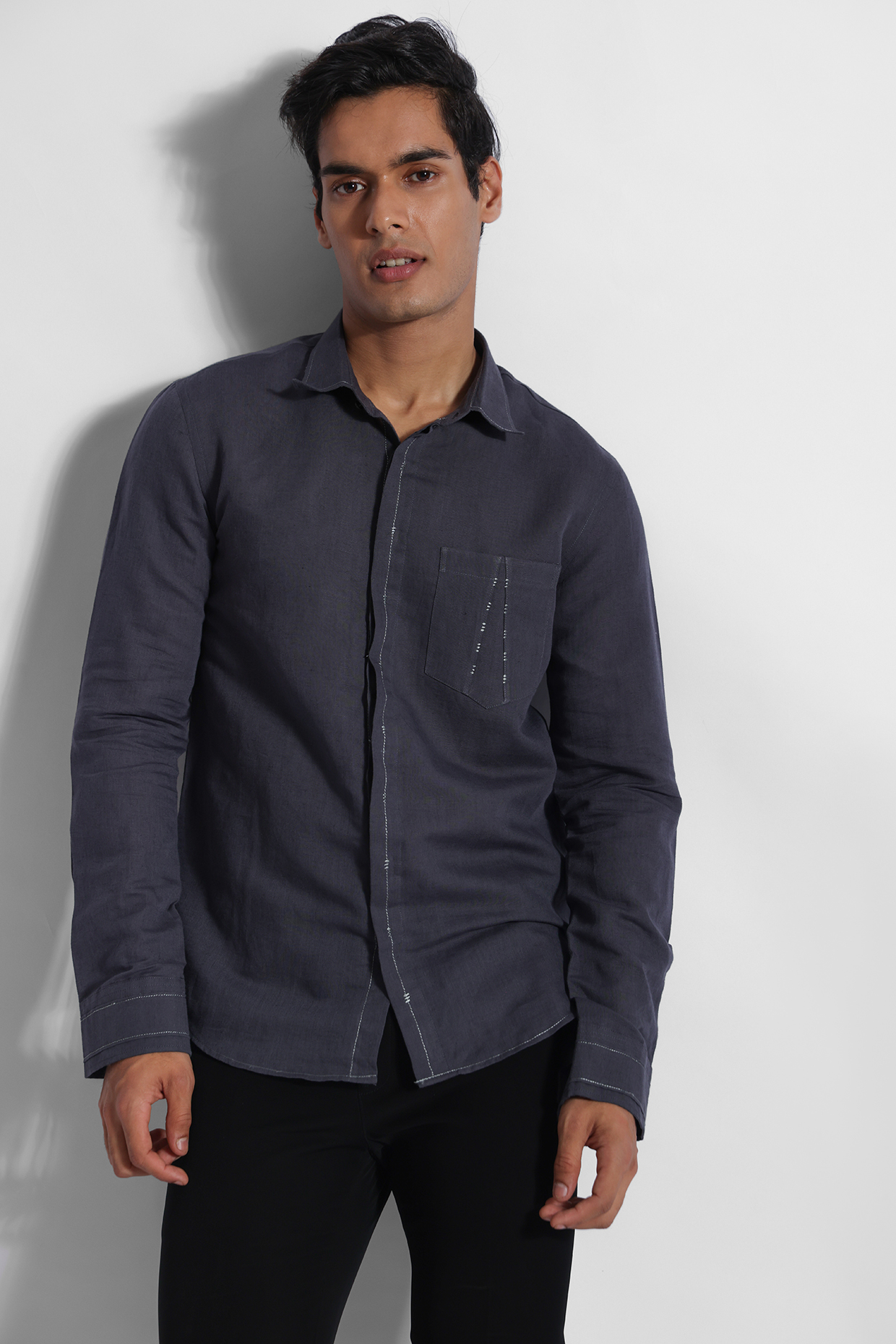 Dark Grey Cotton Linen Embroidered Shirt by PAARSH