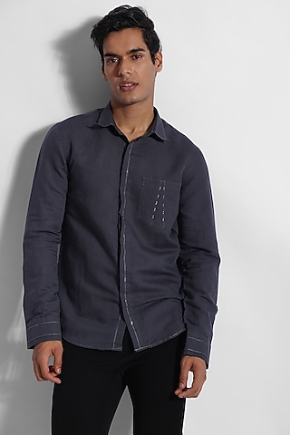 Dark Grey Cotton Linen Embroidered Shirt by PAARSH