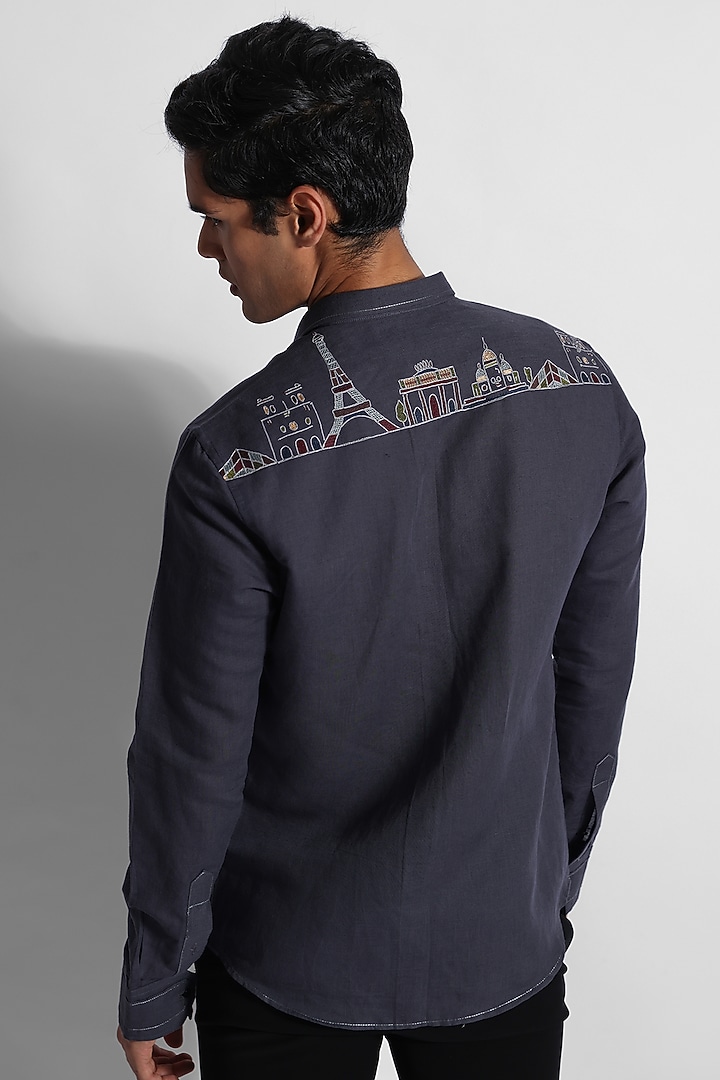 Dark Grey Cotton Linen Embroidered Party Wear Shirt by PAARSH at Pernia's Pop Up Shop