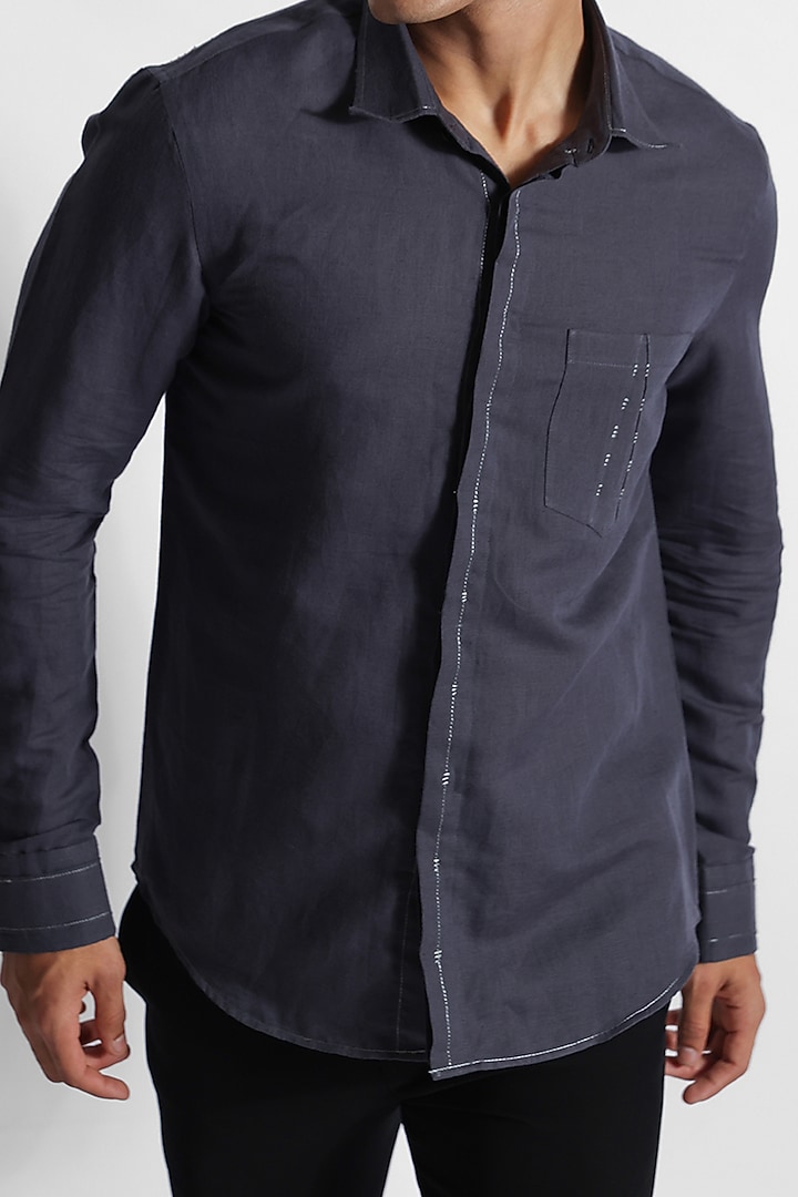 Dark Grey Cotton Linen Embroidered Party Wear Shirt by PAARSH at Pernia's Pop Up Shop