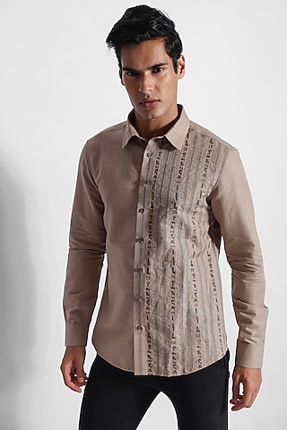 Beige Cotton Linen Embroidered Shirt by PAARSH