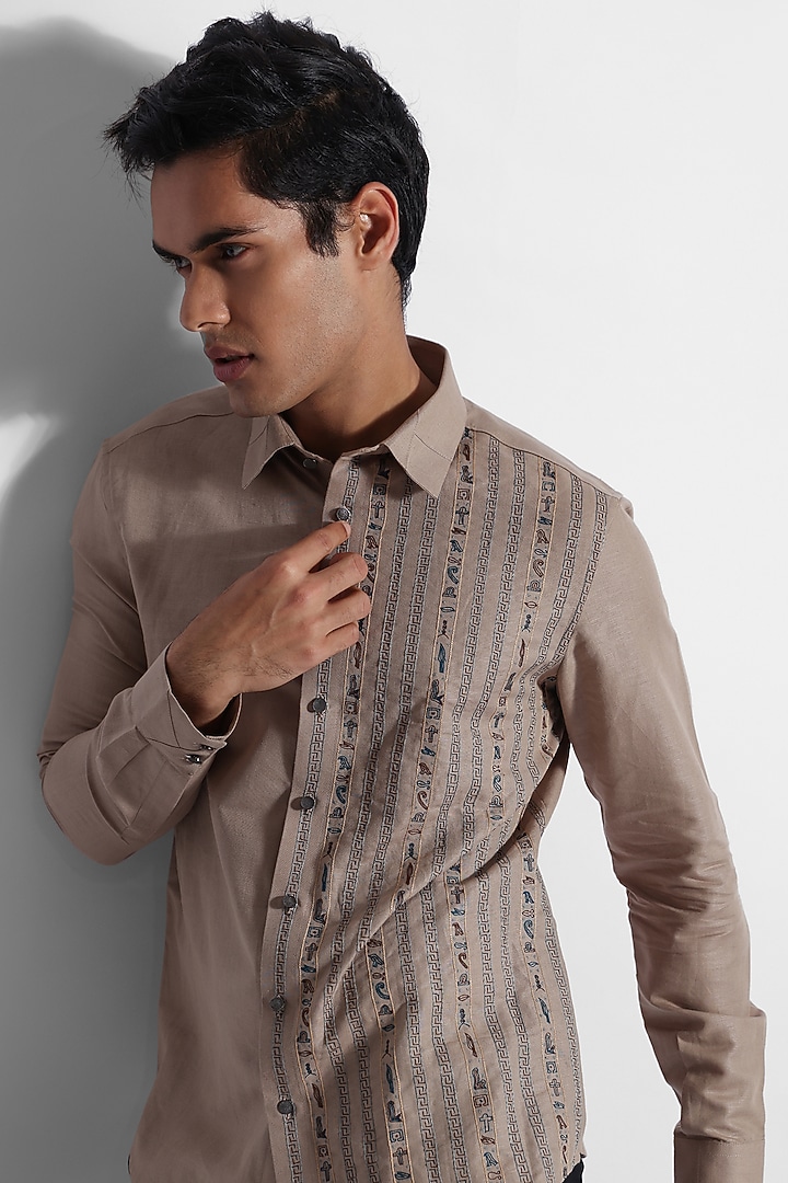 Beige Cotton Linen Embroidered Party Wear Shirt by PAARSH at Pernia's Pop Up Shop