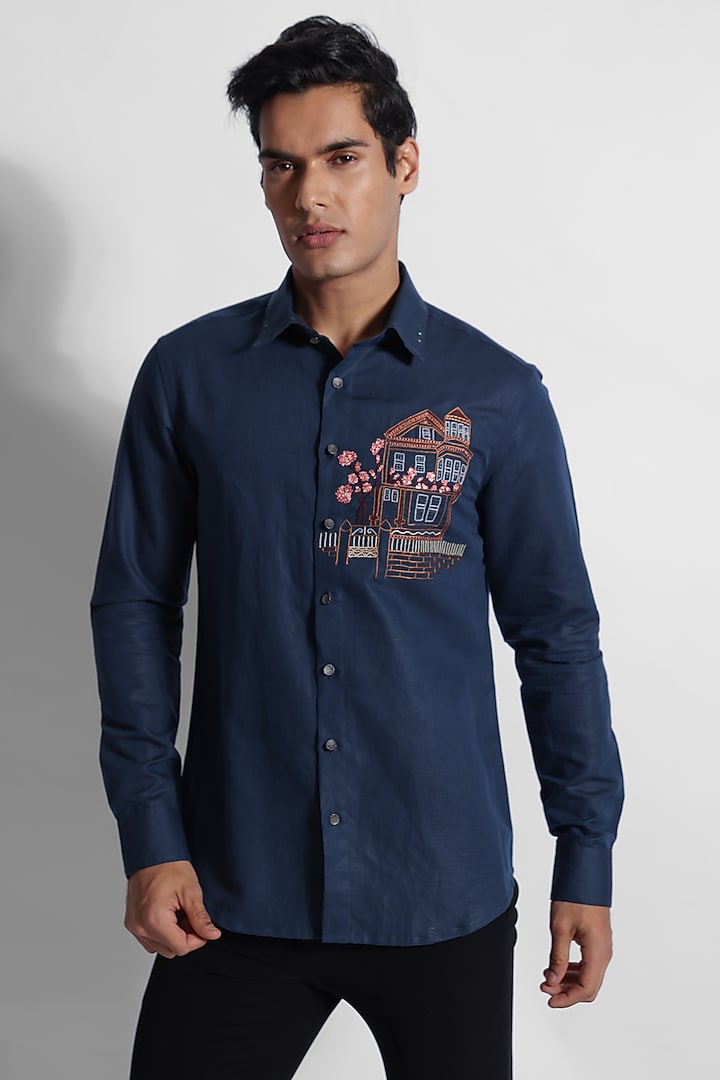 Indigo Cotton Linen Embroidered Party Wear Shirt by PAARSH at Pernia's Pop Up Shop