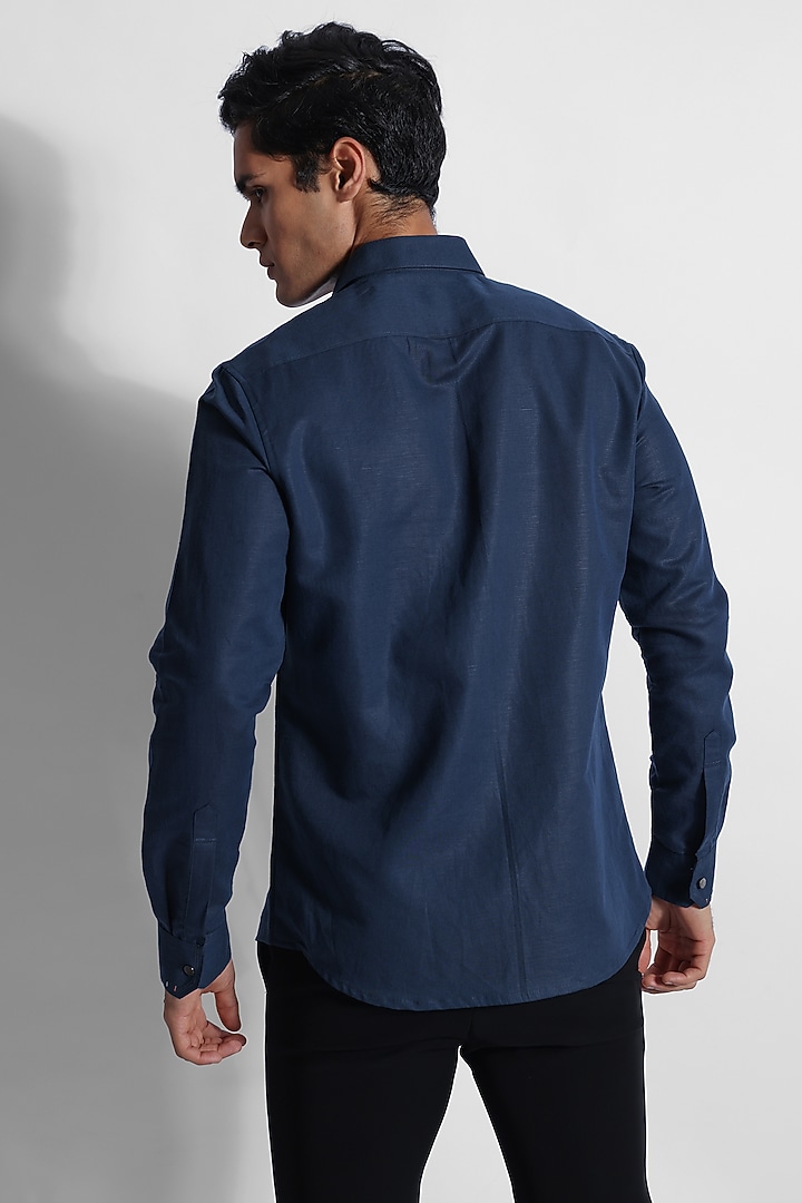 Indigo Cotton Linen Embroidered Party Wear Shirt by PAARSH at Pernia's Pop Up Shop