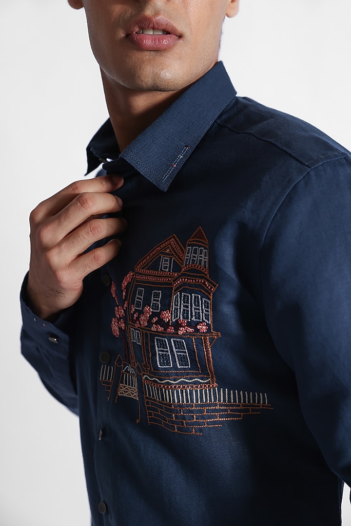 Indigo Cotton Linen Embroidered Party Wear Shirt by PAARSH at Pernia's Pop Up Shop