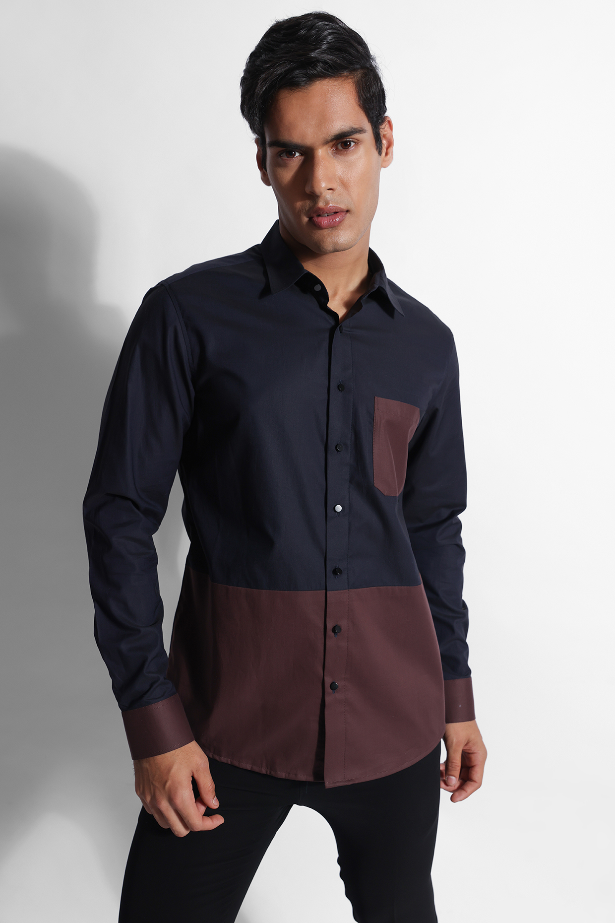 Navy Blue Giza Cotton Color-Blocked Shirt by PAARSH