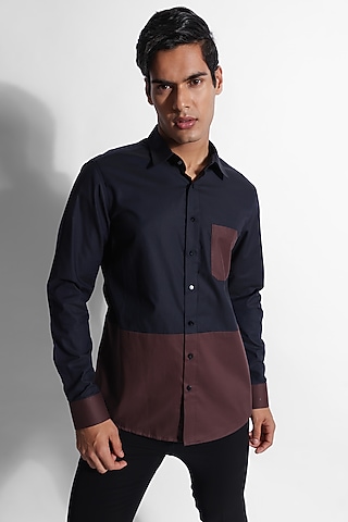 Navy Blue Giza Cotton Color-Blocked Shirt by PAARSH