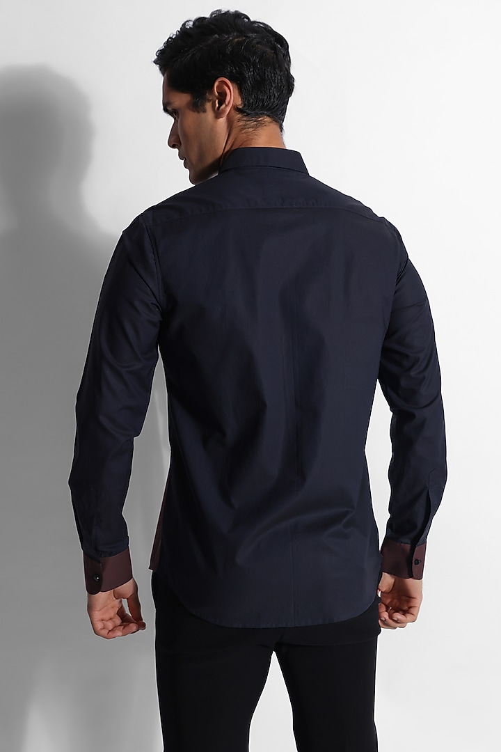 Navy Blue Giza Cotton Color-Blocked Party Wear Shirt by PAARSH at Pernia's Pop Up Shop