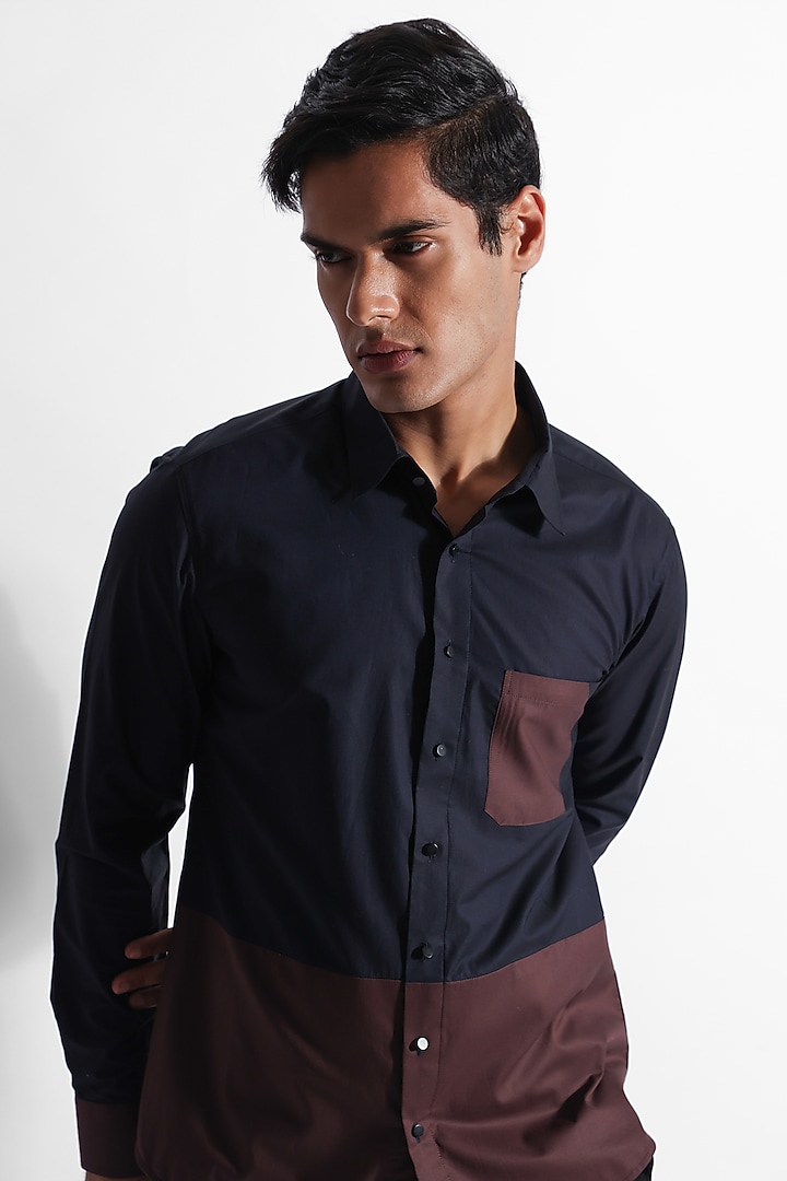 Navy Blue Giza Cotton Color-Blocked Party Wear Shirt by PAARSH at Pernia's Pop Up Shop