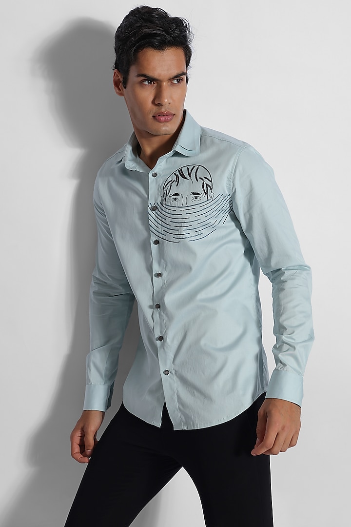 Powder Green Turkish Cotton Thread Embroidered Party Wear Shirt by PAARSH at Pernia's Pop Up Shop