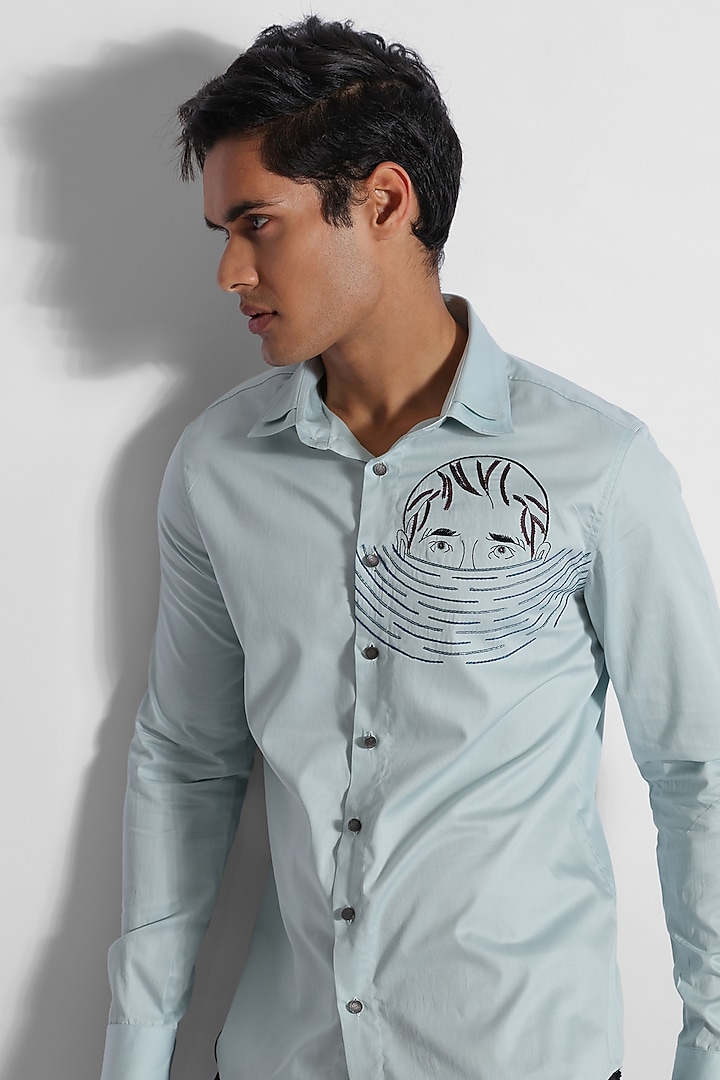 Powder Green Turkish Cotton Thread Embroidered Party Wear Shirt by PAARSH at Pernia's Pop Up Shop