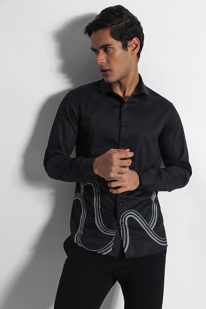 Black Giza Cotton Party  start Shirt by PAARSH at Pernia's Pop Up Shop